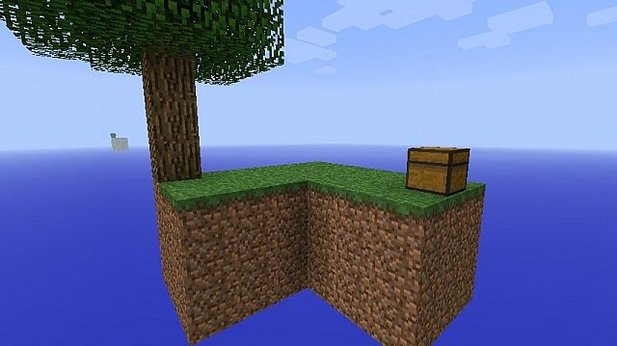 A small island with a box and a tree - the basics of every Skyblock game.