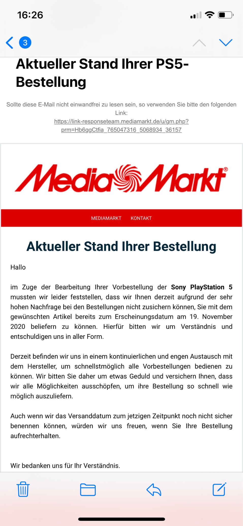 Mail from Media Markt to PS5 pre-orders.